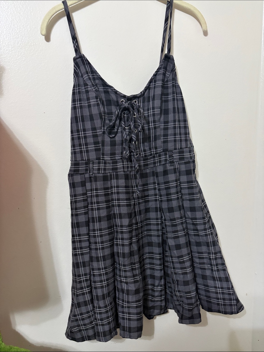 Hot Topic Black and Gray Plaid Lace-Up Skater Dress